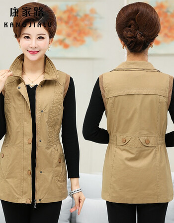 女薄款妈妈春秋中长款背心中年女士休闲大码坎肩 卡其翻领马甲(地) xl