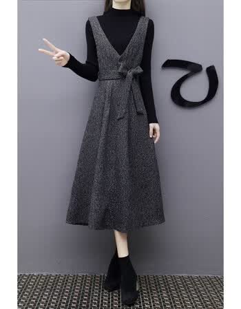 冬季新款长款针织背带裙两件套修身连衣裙显瘦时尚套装裙子女 灰色