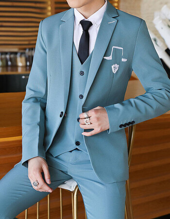 2018新款爆款无头2018新款男士英伦刺绣西装三件套韩版修身西服马甲