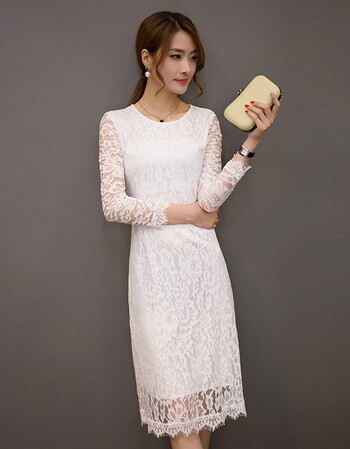 春装新款女装修身中长款打底镂空蕾丝连衣裙女九分袖a字裙子 白色 2xl