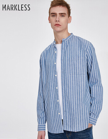 markless2018秋季男士条纹衬衫男式休闲蓝白条纹衬衣 蓝白条 170/m_ 6