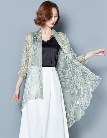 夏尔维纳夏季超薄外搭开衫真丝防晒衣女中长款七分袖雪纺上衣披肩外套