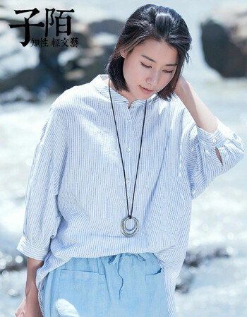 子陌zimo 小立领条纹宽松衬衫 条纹 xl