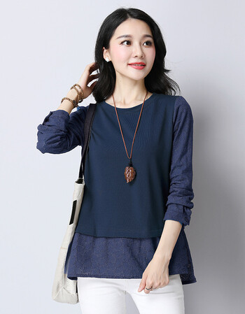 中年人春天新款圆领打底衫女长袖t恤微胖妈妈装春秋小衫百搭女衫 藏青