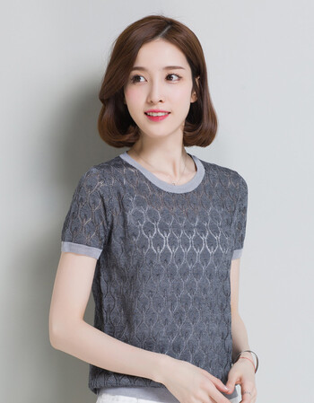针织衫女短袖夏季薄款圆领桑蚕丝格子t恤半袖纯色镂空体恤 浅灰 160/m