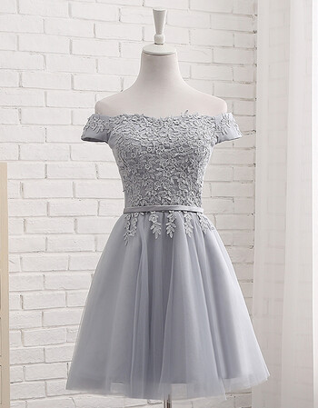 新款韩版伴娘团礼服裙子一字肩结婚姐妹连衣裙韩式主持小礼服 浅灰色