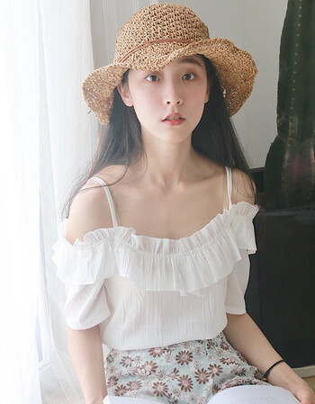 夏尔维纳定格 一字肩上衣夏吊带雪纺衫漏肩甜美短袖小清新荷叶边一字