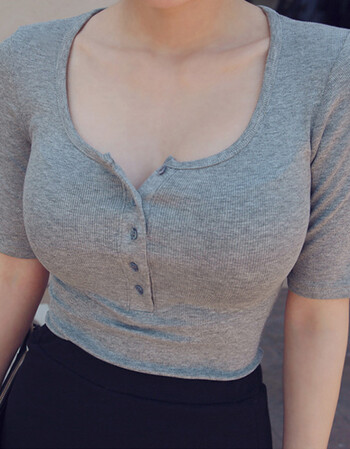 韩国紧身弹力简约u领性感低领显胸大圆领短袖显瘦上衣