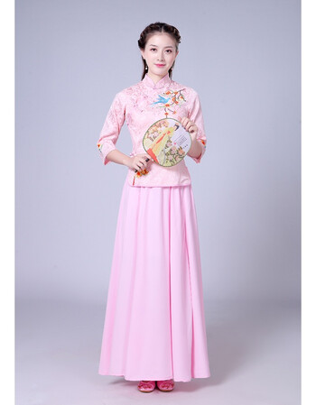 民国服装女古筝舞蹈演出服长裙中式伴娘服礼服古装民族风小姐装 粉色