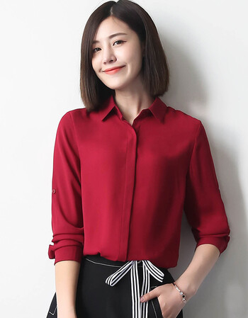 藜衬衣女长袖2018秋季新款韩范雪纺衬衫学生休闲百搭宽松上衣 酒红色