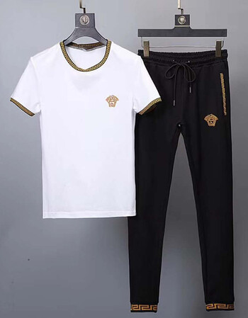 versaees portrait范思哲人像男装青年圆领拼色刺绣短袖修身套装夏季