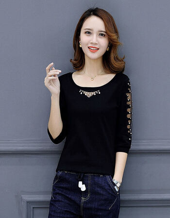 t恤女2018春装新款韩版修身洋气小衫女士百搭上衣时尚大码打底衫 黑色