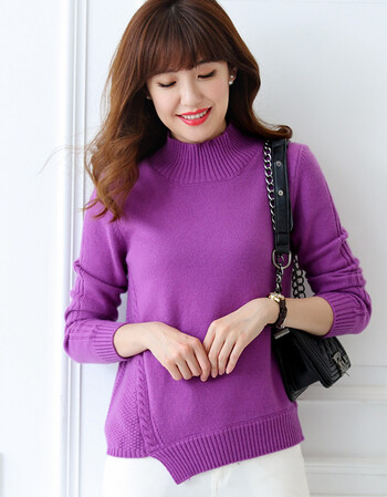 新品女装半高领羊绒衫加厚毛衣女韩版斜下摆百搭套头针织打底衫 紫色