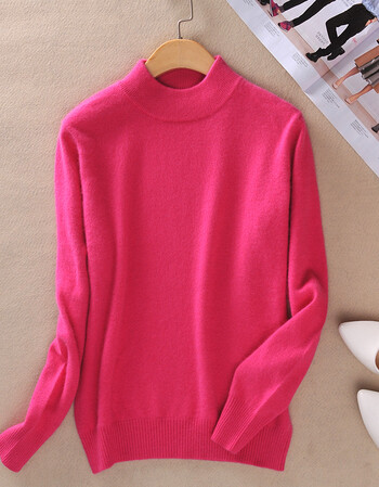 秋冬半高领毛衣女宽松显瘦打底衫纯色长袖套头韩版百搭羊毛衫 玫红色