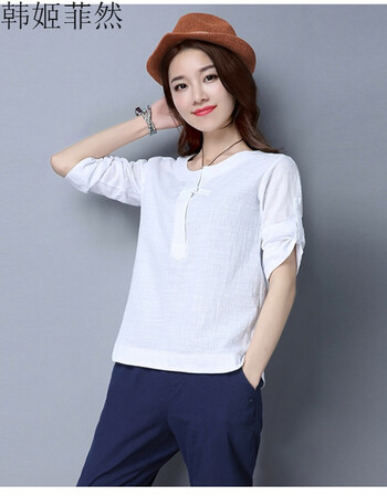 韩姬菲然文艺复古亚麻衬衫女夏季七分袖宽松纯色盘扣圆领上衣女 白色