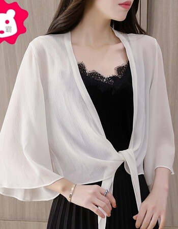雪纺小披肩女夏季薄款外搭防晒开衫七分袖短款百搭宽松外套 白色 m