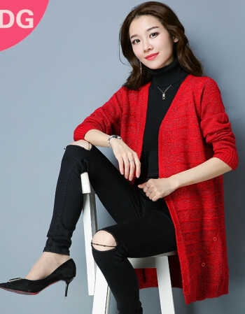 秋装新款韩版女装中长款针织开衫宽松羊毛衫外套大码毛衣披肩 红色 l