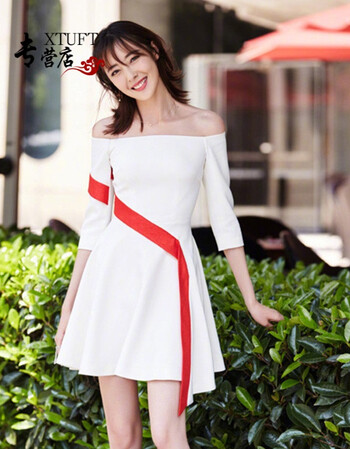 夏季新款优雅时尚小心机一字肩连衣裙不规则小个子a字裙新年女装 白色