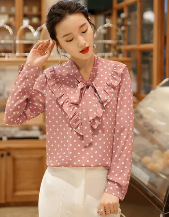女长袖2018春季新款女装蝴蝶结圆点印花打底衬衣女士雪纺上衣 粉色 xl