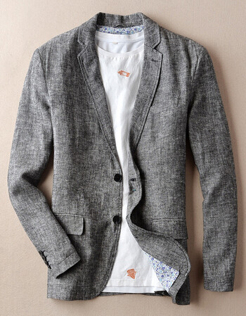 装英伦亚麻西服男士休闲薄款棉麻西服青年修身小西装单西外套 灰色