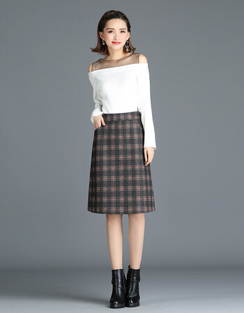 秋冬季加厚印花半身裙格子半身中长裙宽松显瘦直筒包臀裙 灰格子 xl