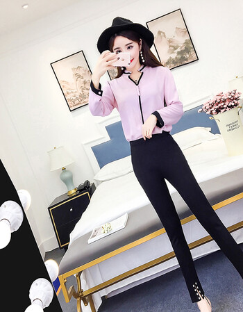 春装2018新款女韩版气质撞色v领雪纺衬衫 修身开叉钉珠小脚裤套装sn