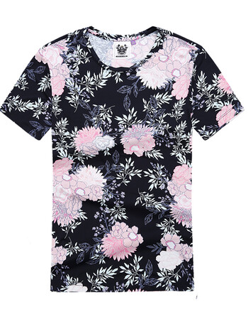 冰丝绒速干无痕男短袖碎花t恤欧美复古玫瑰花瓣印花衣服修身花纹 菊花
