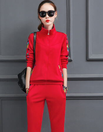 运动套装女2017新款春秋装韩版时尚休闲两件套大码长袖运动服 全红色