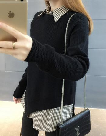 件套毛衣女秋冬套头宽松韩版2018新款春秋长袖衬衫领针织上衣女 黑色
