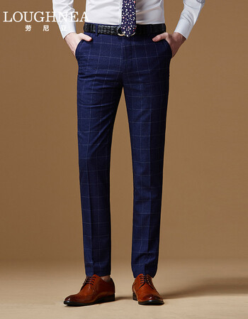 loughnea男士西裤四季西装裤男修身商务休闲格子蓝色英伦正装长裤子