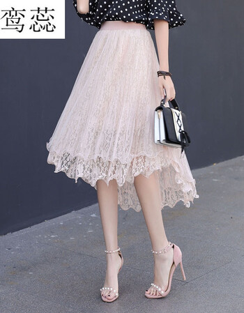鸾蕊 网纱百褶裙蕾丝拼接半身裙松紧腰燕尾裙韩版纱裙大摆中长裙b8