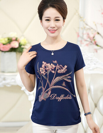 夏季大码中老年妇女纯棉短袖t恤女妈妈装莫代尔半袖上衣宽松汗衫 蓝色