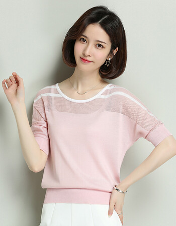 短袖女2018新款夏装半袖t恤冰丝镂空蝙蝠针织打底衫宽松衣服体恤 浅粉