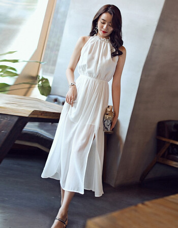 隆创白色雪纺连衣裙女装夏装2017新款潮流韩版沙滩春秋礼服长裙子仙