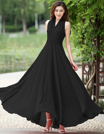 20夏气质女装宝蓝大摆长裙无袖修身雪纺连衣裙仙 黑色(送同色丝巾) l