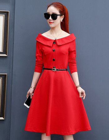 蔚林2018春装新款女装名媛气质小香风显瘦红色连衣裙礼服裙子一字领女