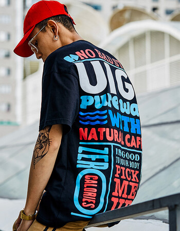 国潮风嘻哈街头大印花短袖t恤男宽松hiphop街舞情侣半袖原宿 黑色 m