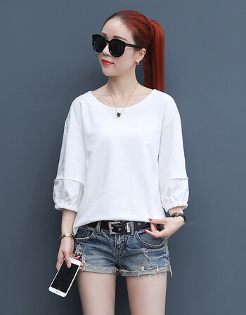 中长袖t恤女夏款韩版宽松纯色上衣服七分袖打底衫百搭 白色 xl