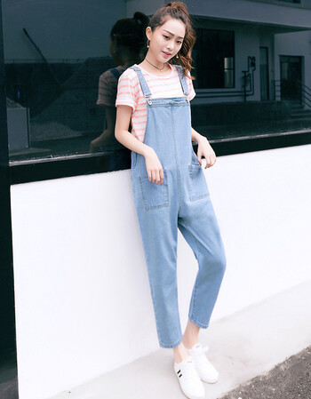 维纳牛仔背带裤女2018春秋新款开学季韩版宽松学生可爱连体九分吊带裤