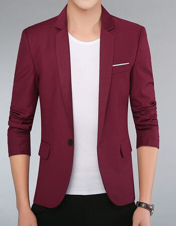 薄款青年西装商务休闲男士西服单上衣韩版职业装伴郎外套正装 酒红色