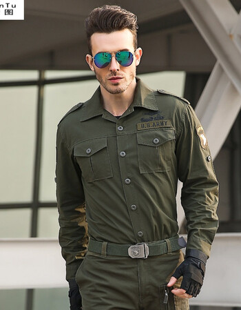 珂梵图新款军装棉质迷彩服男士长袖衬衫 宽松工装外穿军旅休闲衬衣