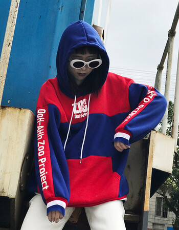 韩版学生学院风原宿bf宽松撞色拼接套头字母长袖卫衣女上衣 3382红蓝