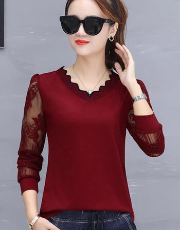 韩版时尚宽松大码长袖t恤女衫蕾丝打底衫上衣外穿春秋衣服潮 酒红色