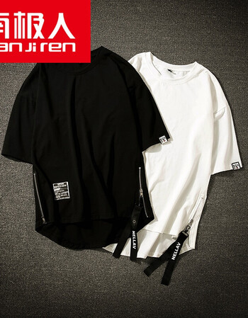 南极人 t恤男2018夏季新款摆拍两侧拉链开叉短袖t恤大码男 黑色 l