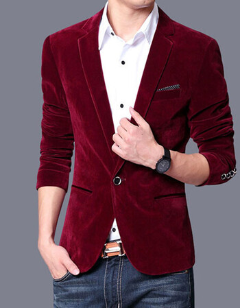 花花公子贵宾小西服男式金丝绒时尚西装男装上衣修身单西 深红色 l