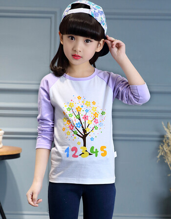 流妍新款春秋装长袖儿童t恤衫女童打底衫岁t桖小女孩上衣 紫色小花树