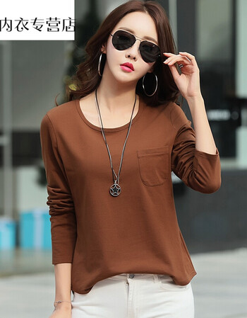 韩版春季长袖t恤女上衣服2018新款春装显瘦纯色打底衫体恤衫 咖啡色 s