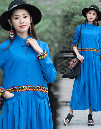 2018秋季同款原创设计民族风刺绣盘扣棉麻连衣裙长裙女 蓝色 m