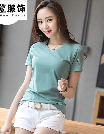 短袖t恤女韩版纯棉显瘦百搭v领小衫字母刺绣半袖上衣 青色(衣6825) l