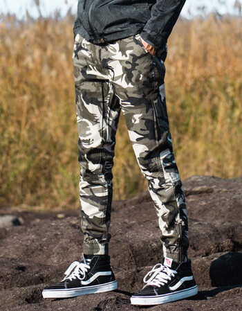 秋冬白迷彩裤大码束脚潮流男裤 青年滑板休闲裤 修身拉链收口裤子